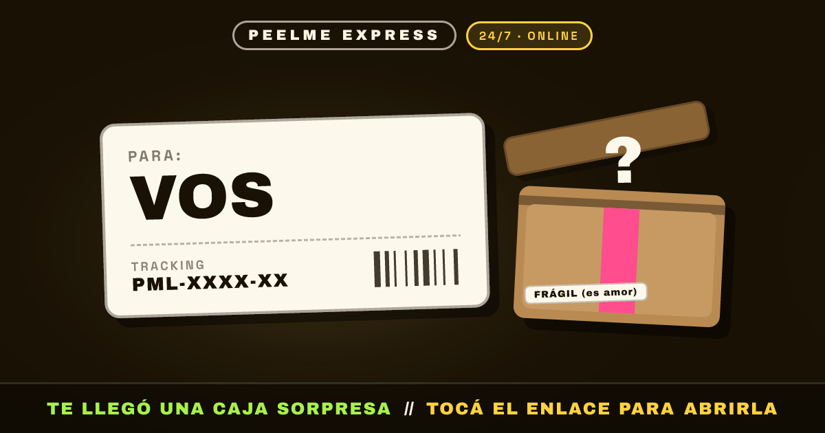 Etiqueta de envío de la caja sorpresa: PARA GIGI, tracking PML-26V3-94, paquete cerrado con cinta rosada